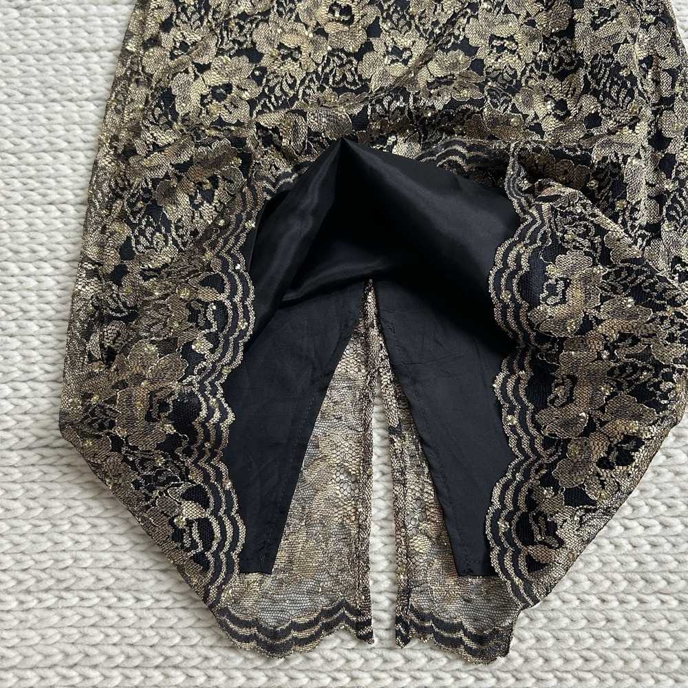 Mica Sleeveless Black Lace Cocktail Dress Sz 4 Sheath Gold Metallic Event Formal - Picture 13 of 16